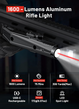 CVLIFE Rifle WeaponLight Laser Light Combo USB Rechargeable featuring rifle light maxoutput maxruntime in red laser light