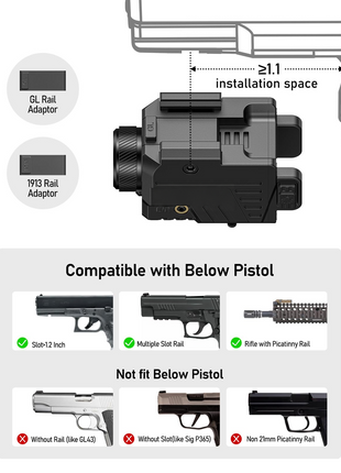 CVLIFE Lumens Pistol Light featuring installation space gl rail adaptor in red laser light combo