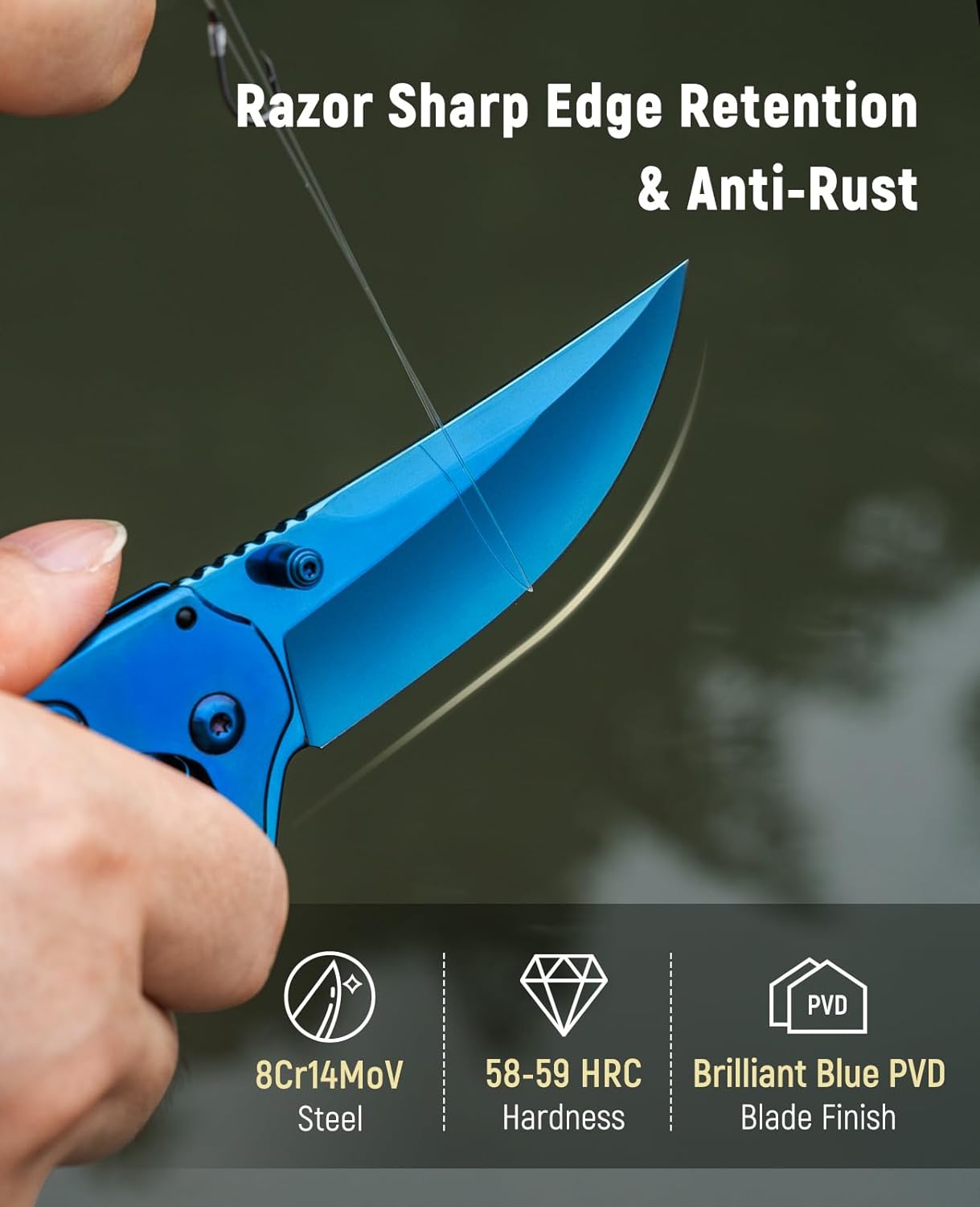 KEXMO Pocket Knife for Men - 3.46 Sharp Blade Wood Handle  Pocket Folding Knives with Clip, Glass Breaker - EDC Knives for Survival  Camping Fishing Hiking Hunting Gift Women, Black 