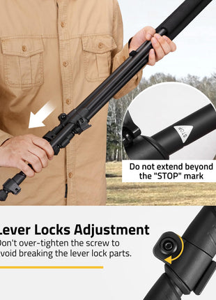 CVLIFE hunting tripod featuring the "stop" mark lever locks adjustment