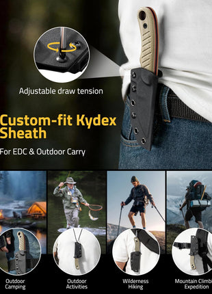 CVLIFE Fixed Blade EDC Camping Knife Kydex Sheath featuring adjustable draw tension custom-fit kydex sheath in brown