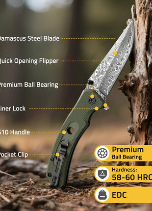 CVLIFE Pocket Knife featuring damascussteel blade quick opening flipper in green