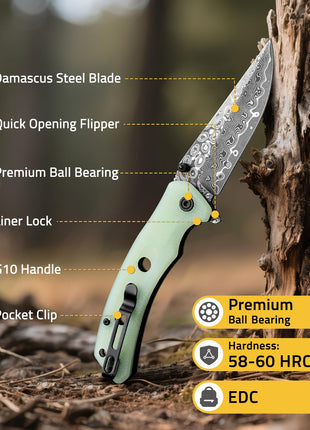 CVLIFE Pocket Knife featuring damascussteel blade quick opening flipper in natural