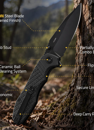 CVLIFE Pocket Knife featuring deep carry pocket clip in black