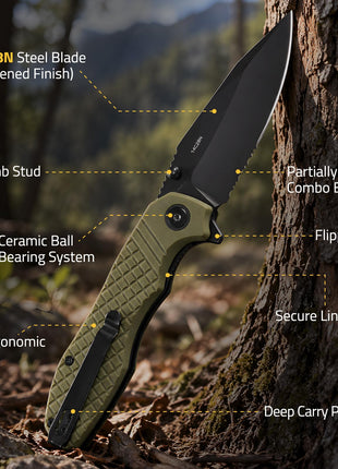 CVLIFE Pocket Knife featuring deep carry pocket clip in green