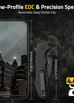 CVLIFE Pocket Knife featuring low-profile edc & precision specs reversible deep pocket clip in black