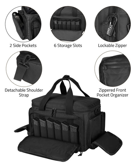 CVLIFE Range Bag featuring lockable zipper detachableshoulder zippered front in black