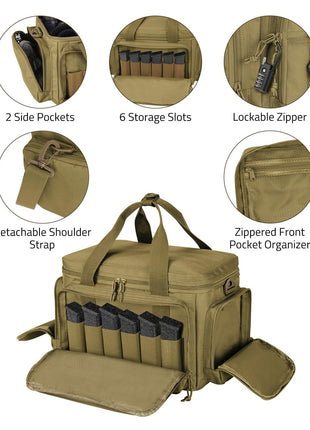 CVLIFE Range Bag featuring lockable zipper detachableshoulder zippered front in khaki