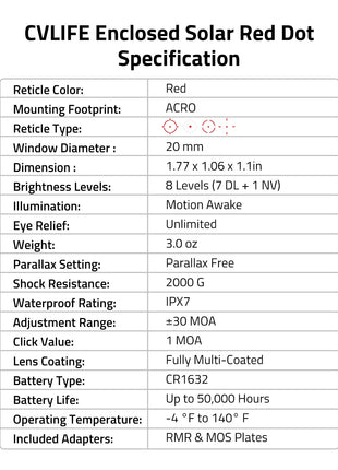 CVLIFE Red Dot Sight featuring reticle color red mounting footprint