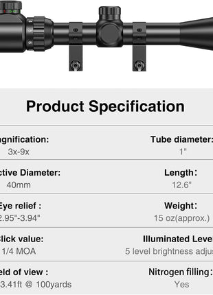 CVLIFE 3-9x40 Rifle Scope featuring objective diameter length eye relief, 40mm