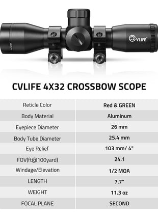CVLIFE Crossbow Scopes featuring reticle color red & green body material