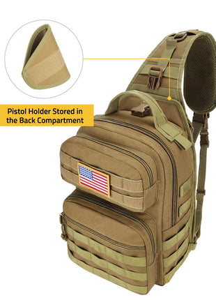CVLIFE Sling Bag featuring pistol holderstored in the back compartment in khaki