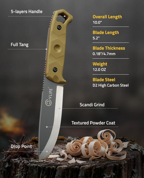 CVLIFE Tang Bushcraft Knife featuring overall length blade length, 4.7mm